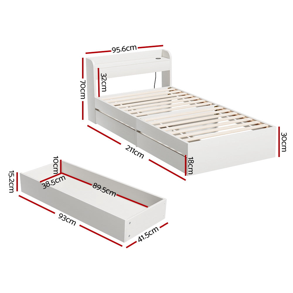 Korra Bed Frame Single Size with Charging Ports and 2 Drawers AURA