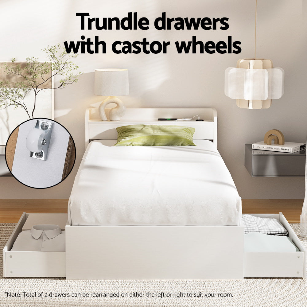 Korra Bed Frame Single Size with Charging Ports and 2 Drawers AURA