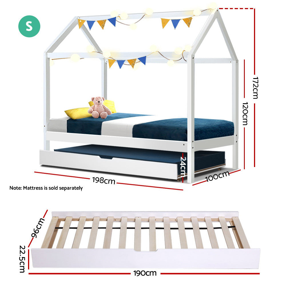 Korra Bed Frame Wooden Trundle Daybed Kids House Frame White HOLY