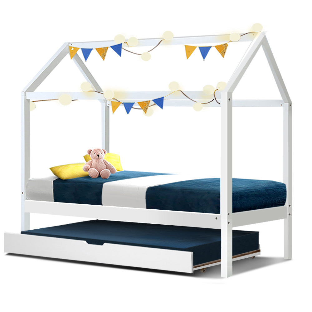 Korra Bed Frame Wooden Trundle Daybed Kids House Frame White HOLY