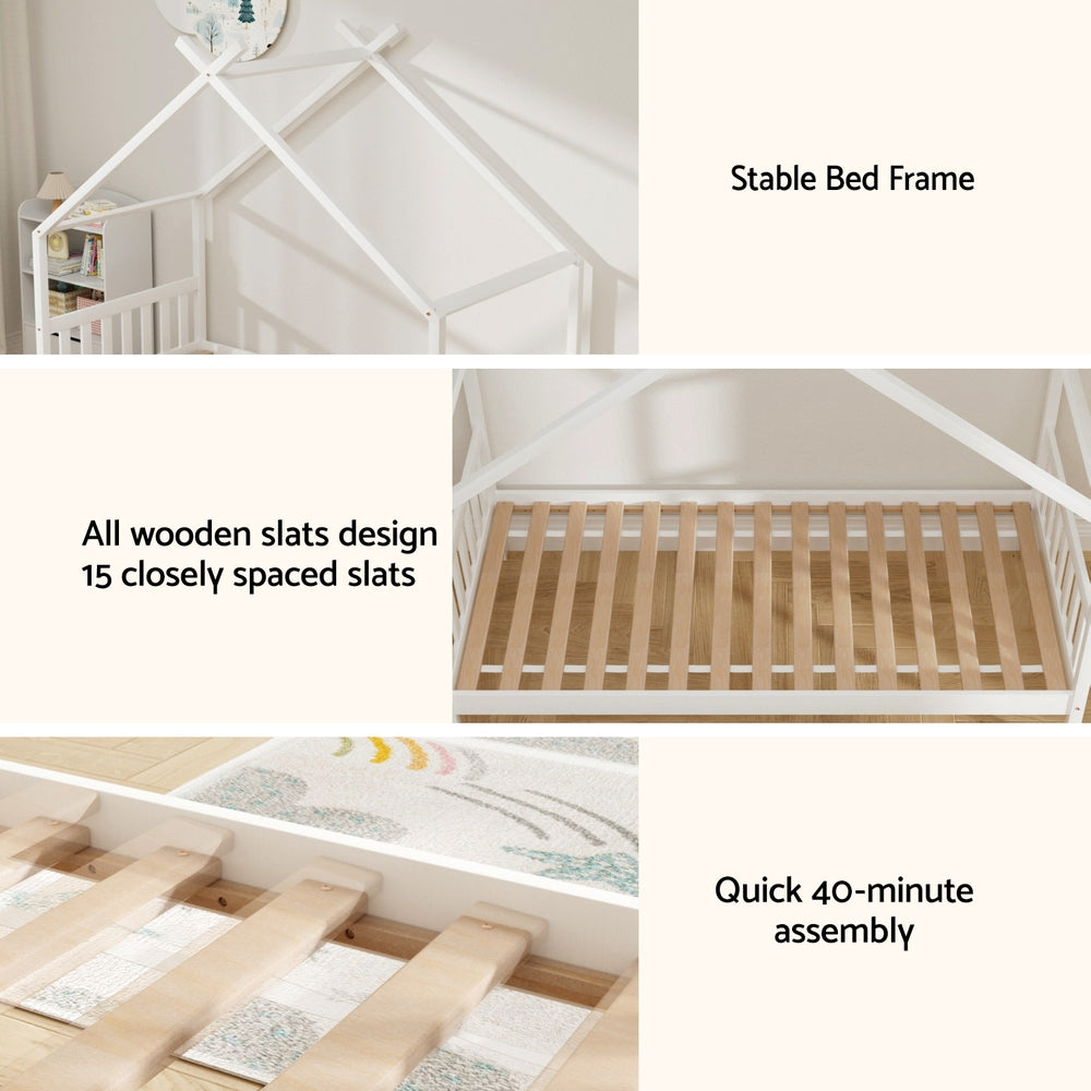 Korra Bed Frame Wooden Base Kids Single Timber House Beds White