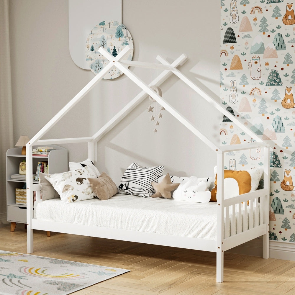 Korra Bed Frame Wooden Base Kids Single Timber House Beds White