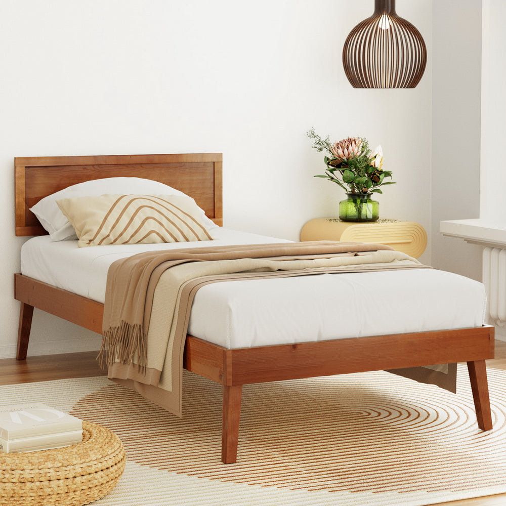 Korra Bed Frame Single Size Wooden Bed Base Walnut SPLAY