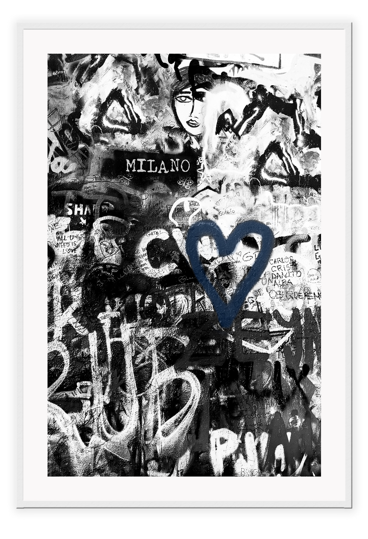 Black and white typography graffiti print art with hint of blue dark moody urban 